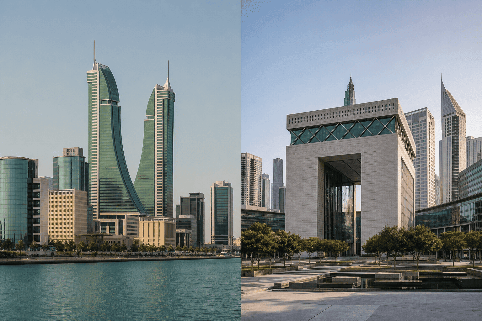 Paired business-district views representing Bahrain and the United Arab Emirates.