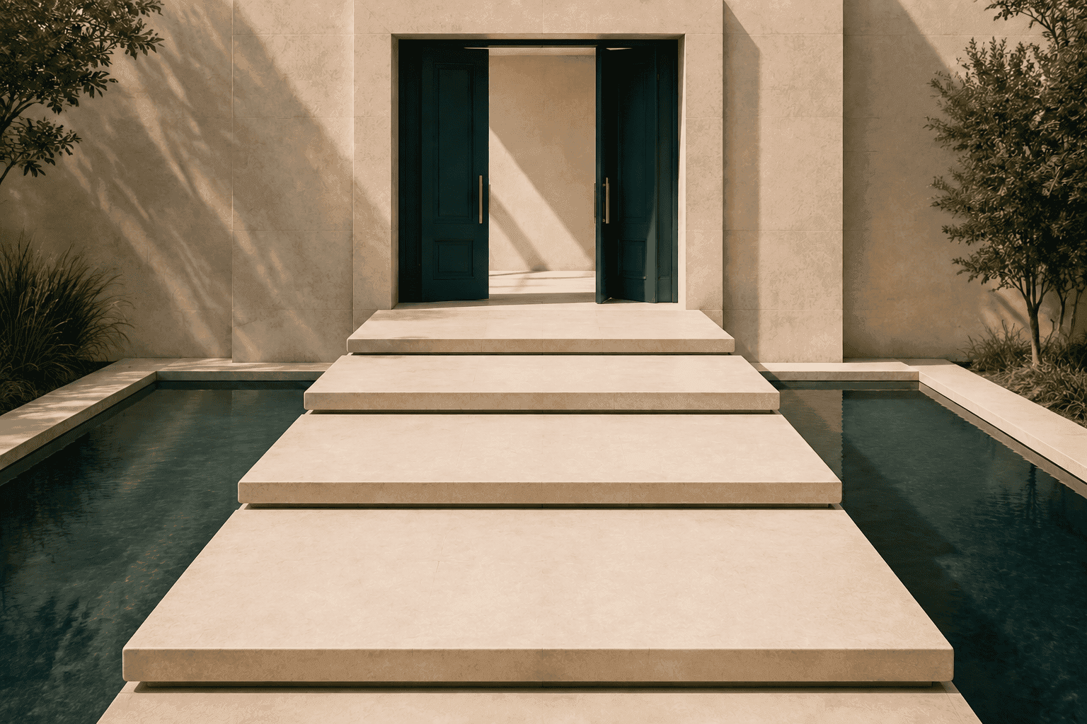 Five structured stages leading toward an open doorway, representing Bahrain company-formation steps.